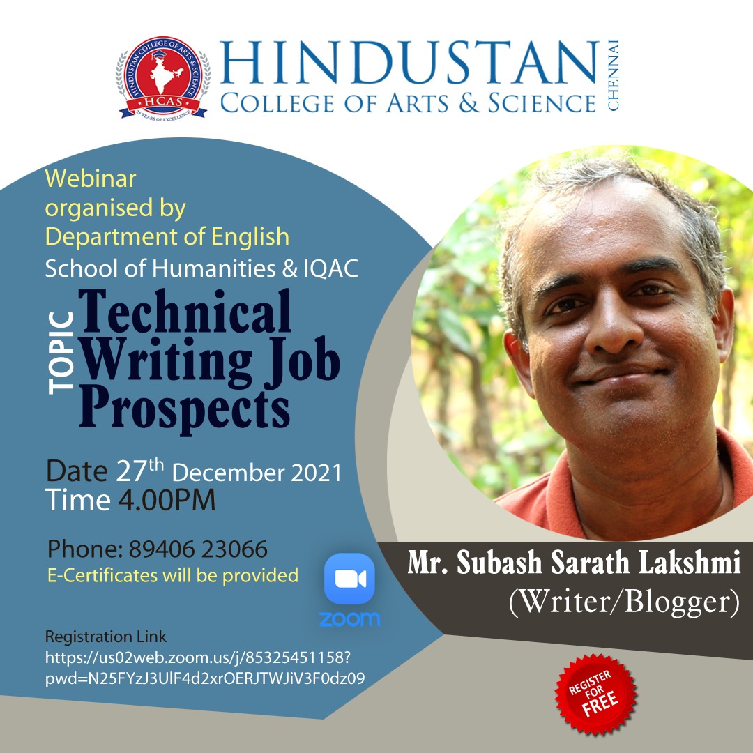 Webinar invite for the topic Technical Writing Job Prospects with Hindustan College of Arts and Science, Chennai